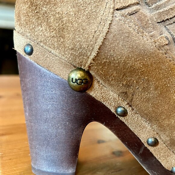 Ugg Arroyo Tall Basketweave Suede Boots Wood Heel Chestnut Size 6 - Like New! - Picture 7 of 14